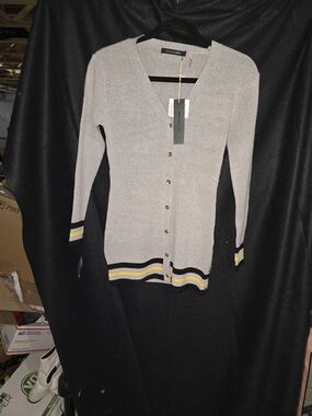 Dolce Cabo Gray Ribbed Button-Up Sweater with Black and Yellow Trim